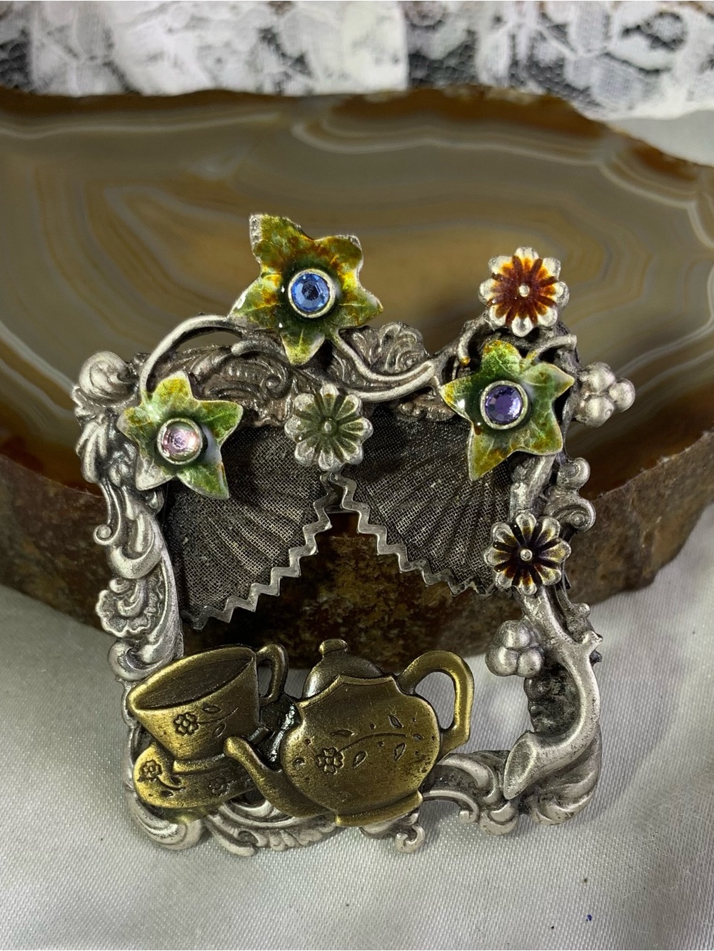 Tea Time Floral Picture Frame Pin - Mixed Metal Kenneth Cole Whimsical Brooch.